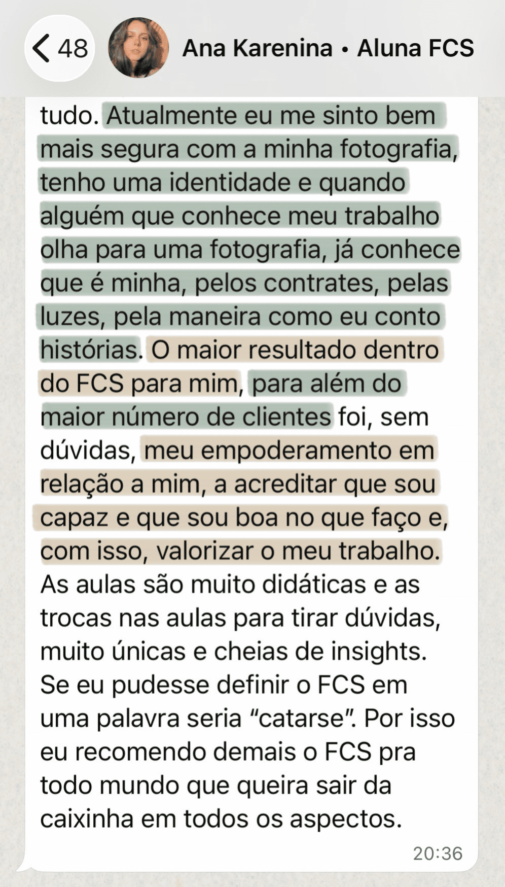 Depoimento da aluna Ana Karenina